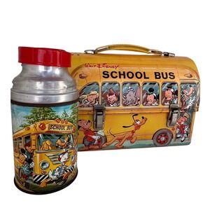 Vintage 1961 Aladdin Disney School Bus Metal Lunch Box & Thermos | Complete Set